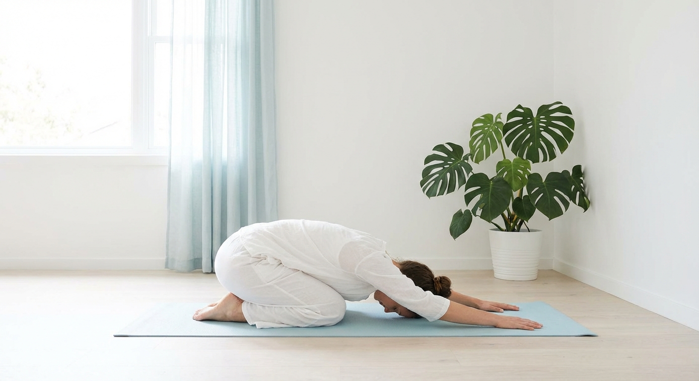 Mulher praticando yoga para iniciantes em posição relaxante em casa