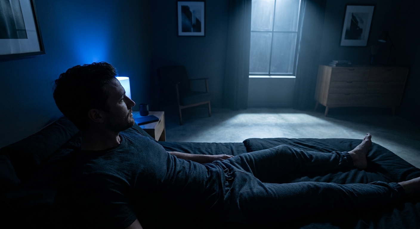 Yoga para insônia homem meditando deitado na cama com luz azul suave