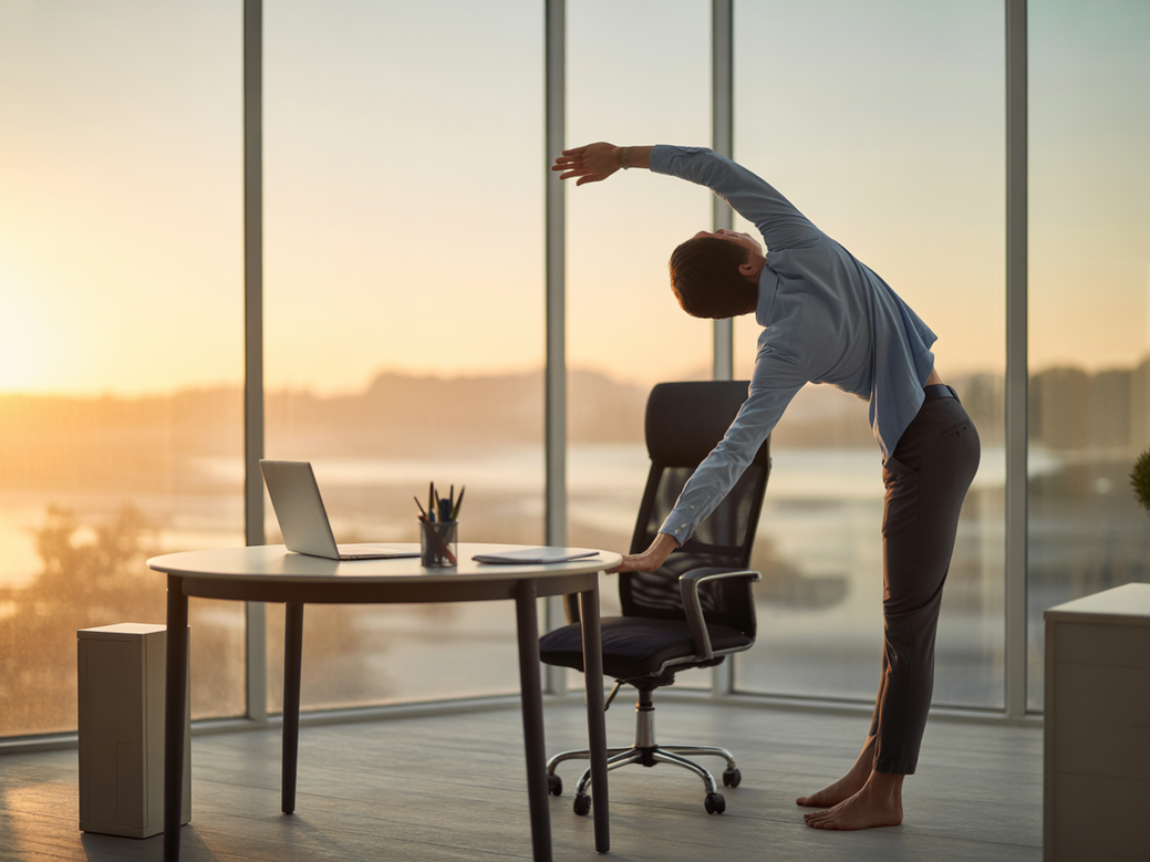 Líder praticando yoga no escritório para melhorar a liderança consciente e o foco.