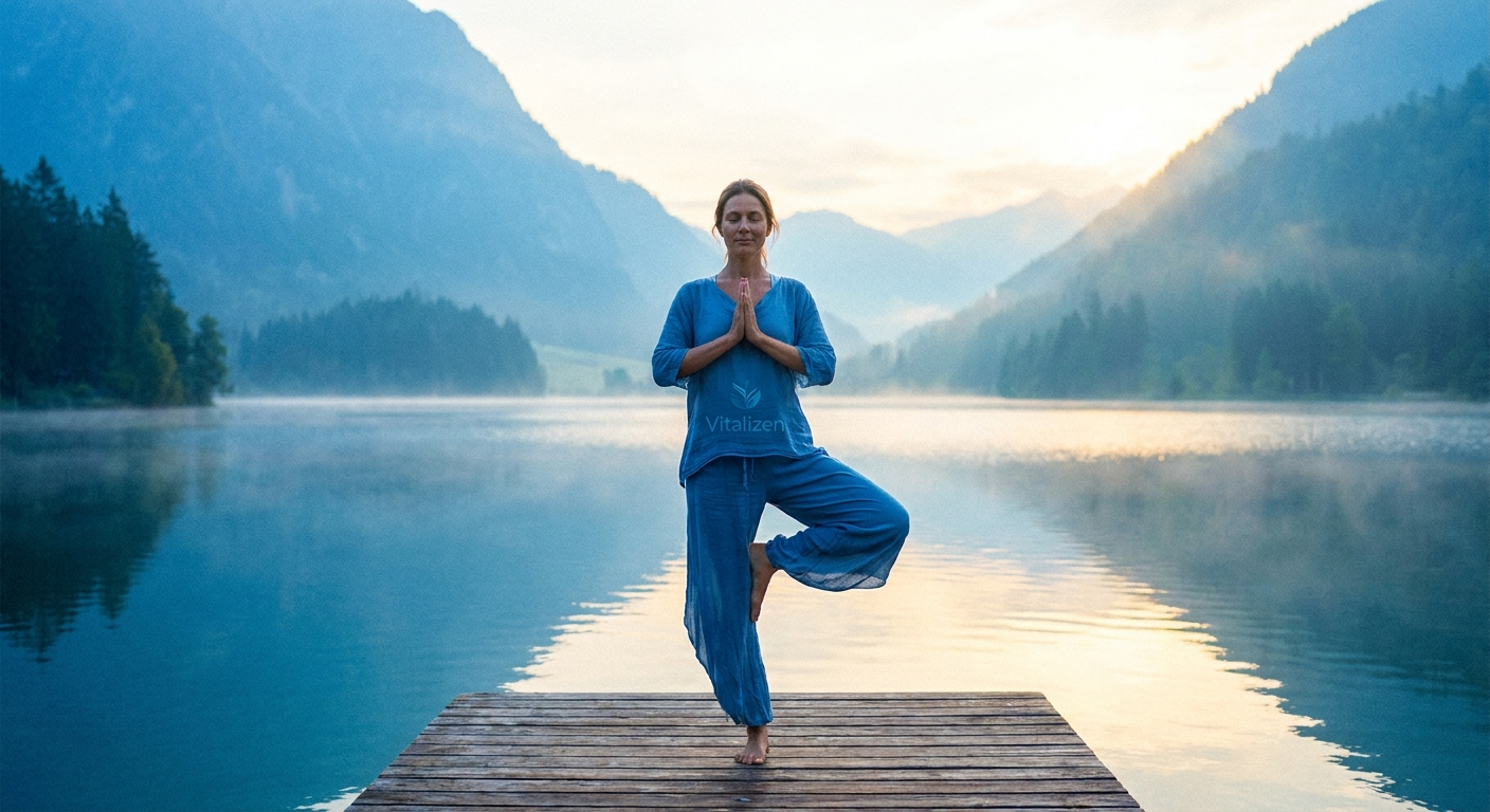 Mulher praticando yoga ao amanhecer em ambiente tranquilo, representando acolhimento emocional no processo de luto