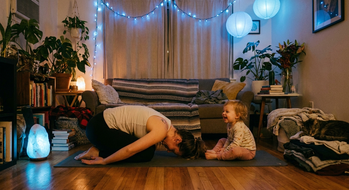 Mãe solo praticando yoga em casa com ambiente acolhedor e iluminação suave
