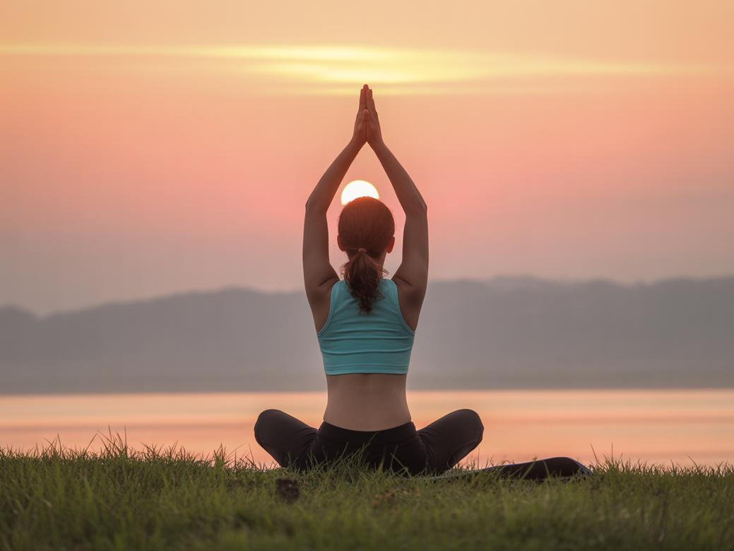 Mulher praticando yoga ao nascer do sol, simbolizando a cura e o empoderamento após um relacionamento tóxico.