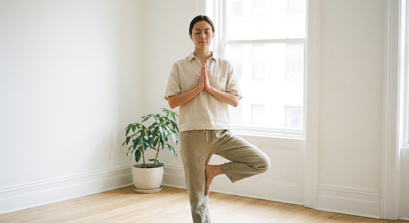 Mulher praticando yoga para TDAH em ambiente tranquilo para melhorar foco e concentração