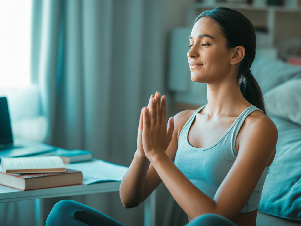 Jovem universitário praticando yoga no quarto para aliviar a ansiedade e melhorar a concentração nos estudos.