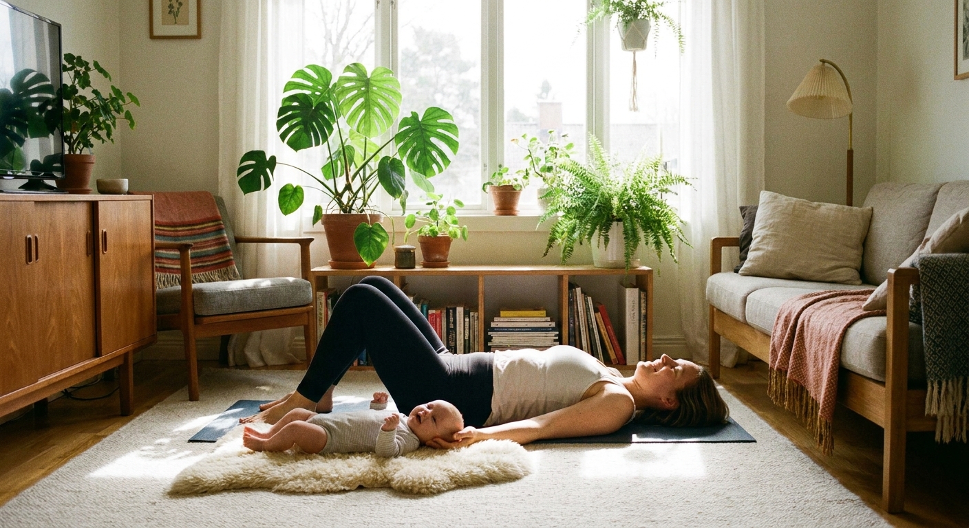 Mãe praticando yoga pós-parto em casa com o bebê por perto, autocuidado e bem-estar materno
