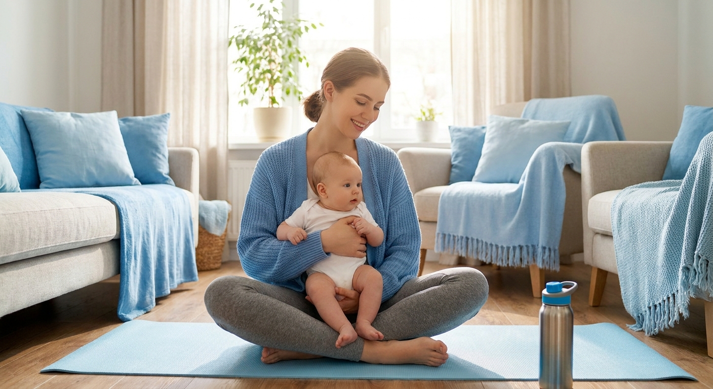 Mãe recém-parida praticando yoga pós-parto em casa com seu bebê, em ambiente acolhedor e iluminação natural