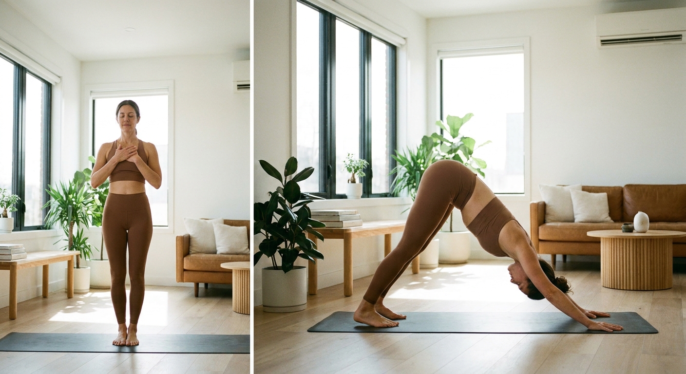 Beginner yoga poses for morning routine including mountain pose and downward dog
