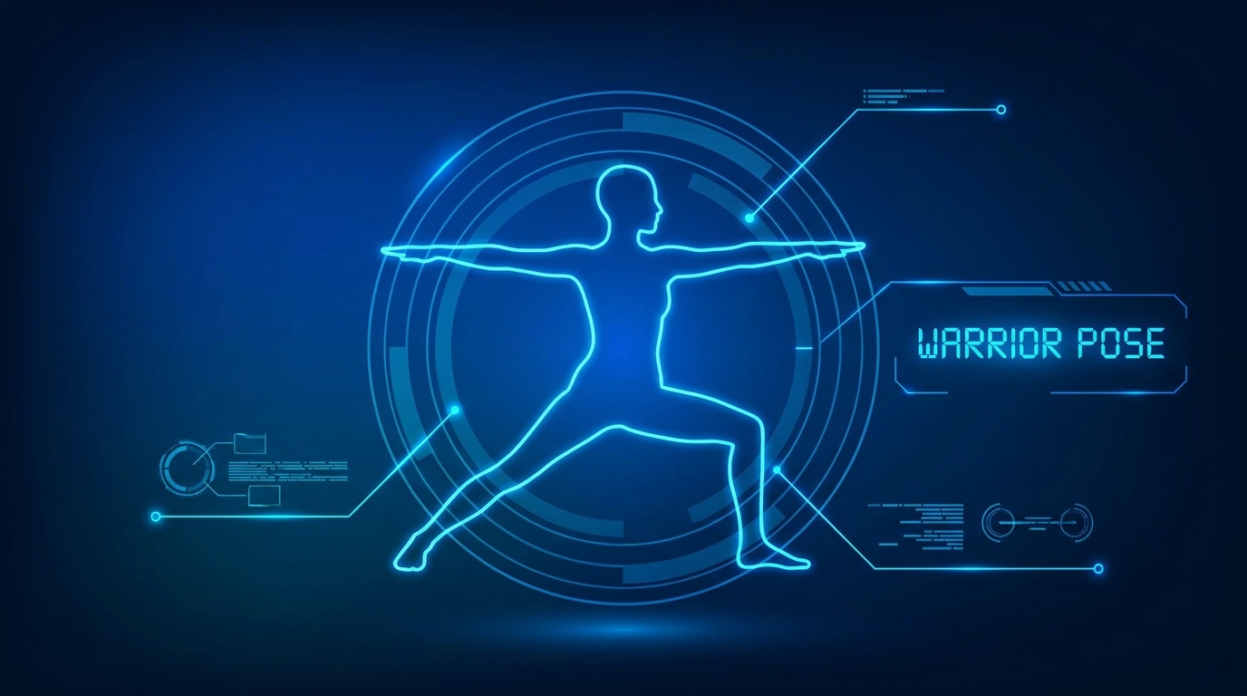 Ilustração da postura Virabhadrasana (Guerreiro) em estilo gamer neon azul - yoga para gamers