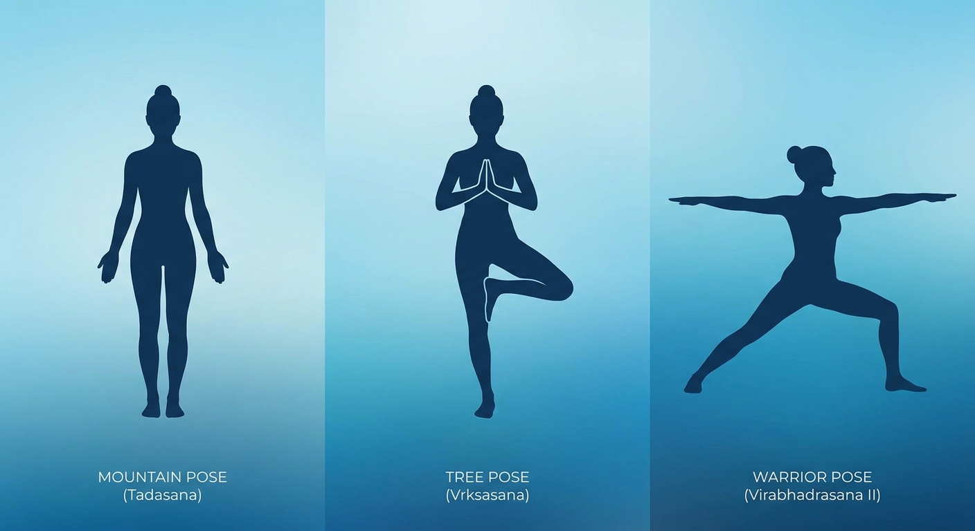 Três posturas de yoga para clareza mental: Montanha, Árvore e Guerreiro