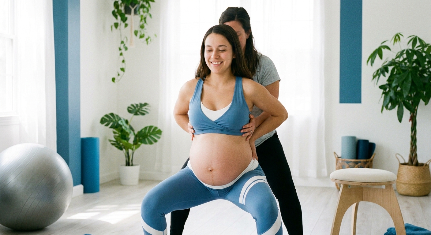 Gestante realizando exercício pélvico de preparação para o parto