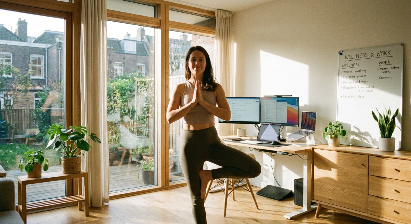 Empreendedora digital praticando yoga para produtividade em home office moderno