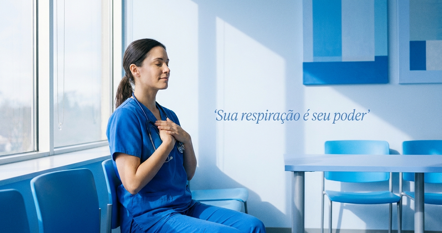 Profissional de saúde praticando respiração consciente durante plantão hospitalar com frase motivacional