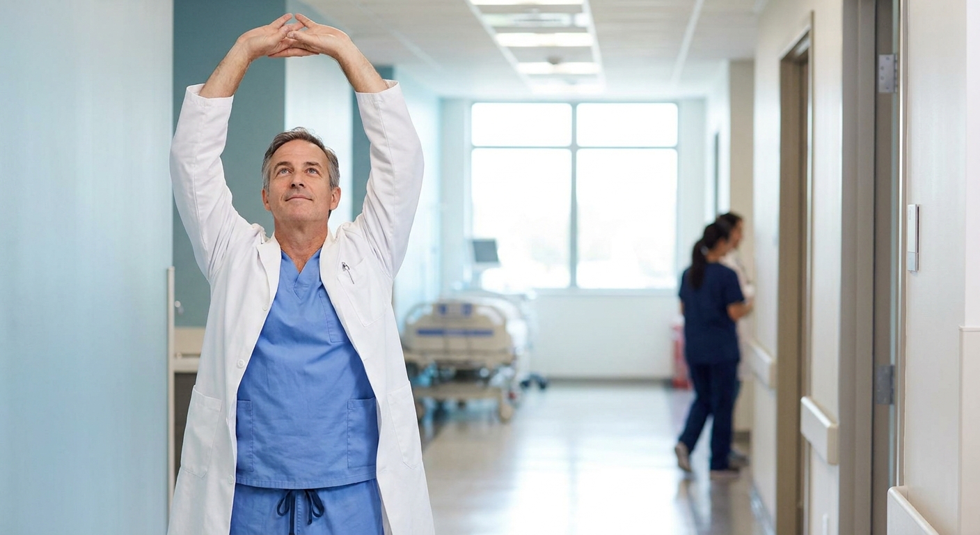 vitalizen yoga meditação profissional saúde médico alongando em corredor hospitalar