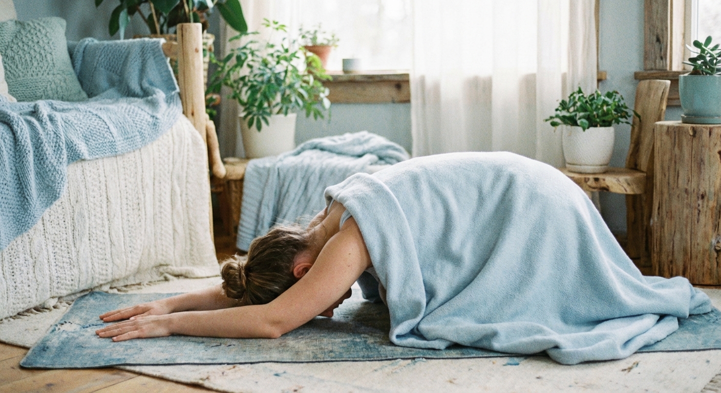 Mulher praticando yoga suave para reabilitação emocional em ambiente tranquilo e acolhedor