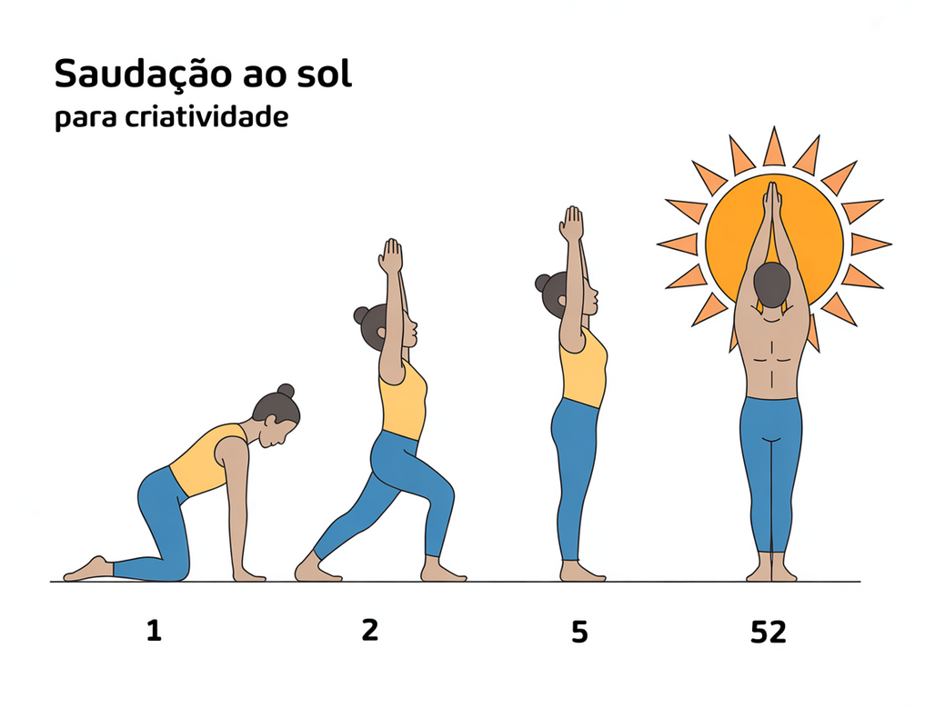 Infográfico da Saudação ao Sol para uma rotina diária de yoga para criatividade.