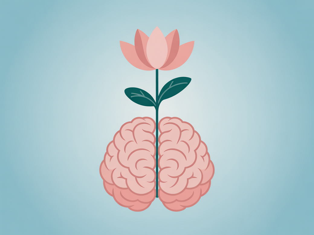 Cérebro estilizado com uma flor de lótus, simbolizando os benefícios do yoga para a saúde mental.