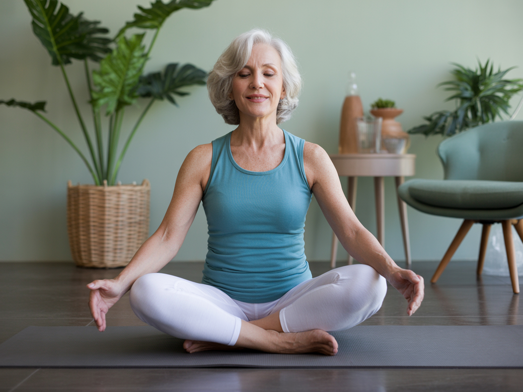Senhora praticando yoga na cadeira com um sorriso, demonstrando os benefícios do yoga para terceira idade e o envelhecimento ativo.