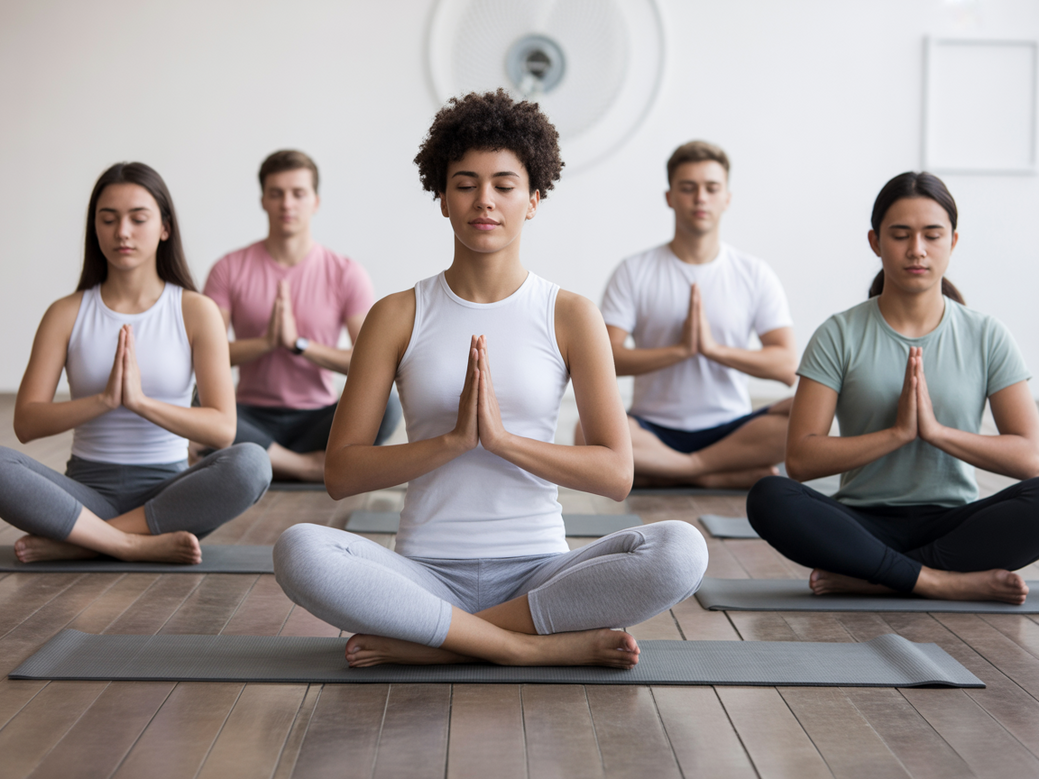Estudantes universitários praticando yoga para ansiedade em um ambiente calmo para melhorar o foco nos estudos.