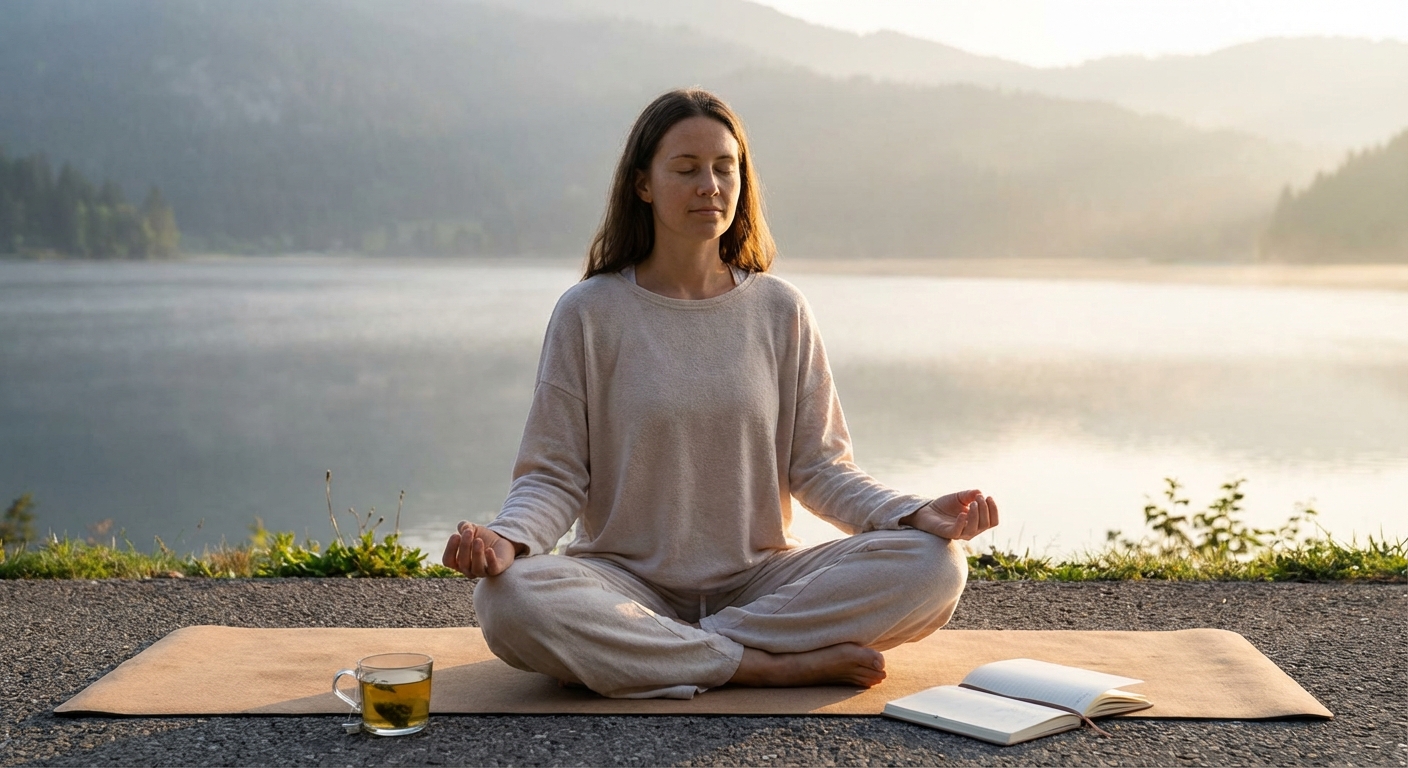 Person practicing yoga pose to combat anxiety and stress in peaceful home setting