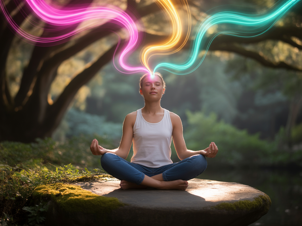 Mulher meditando com cores vibrantes ao redor, simbolizando a energia criativa liberada pelo yoga para criatividade.