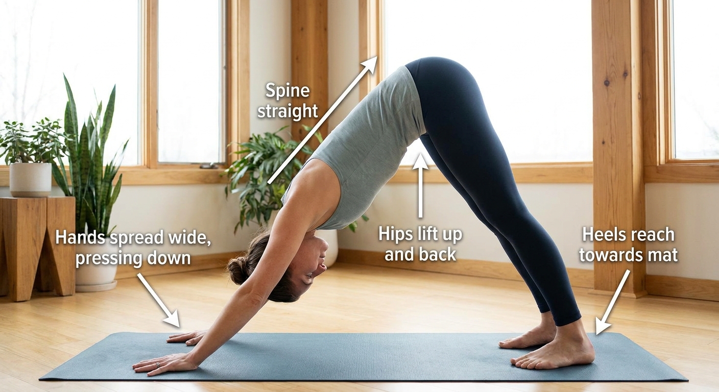 Beginner practicing Downward-Facing Dog pose on yoga mat at home