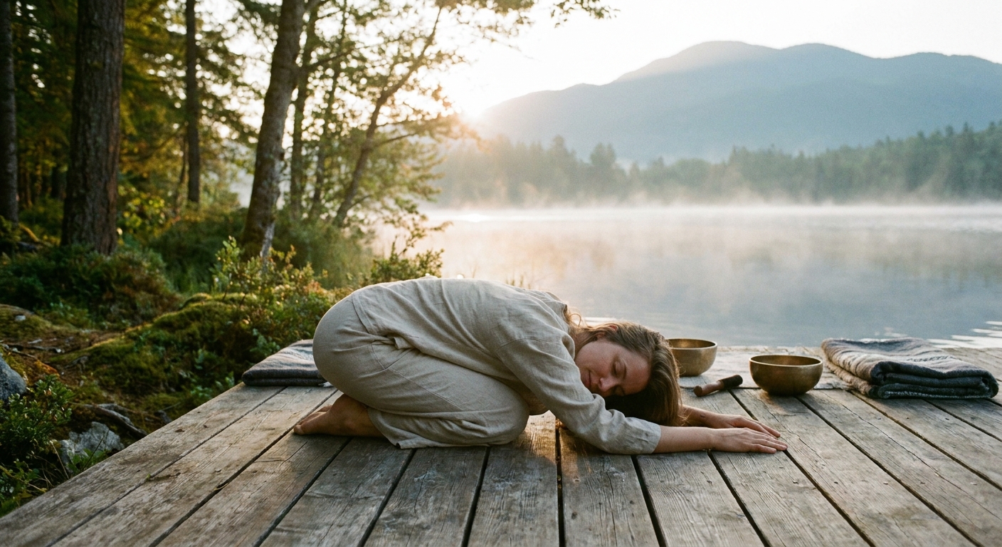 Woman practicing yoga and meditation for anxiety relief in a serene setting
