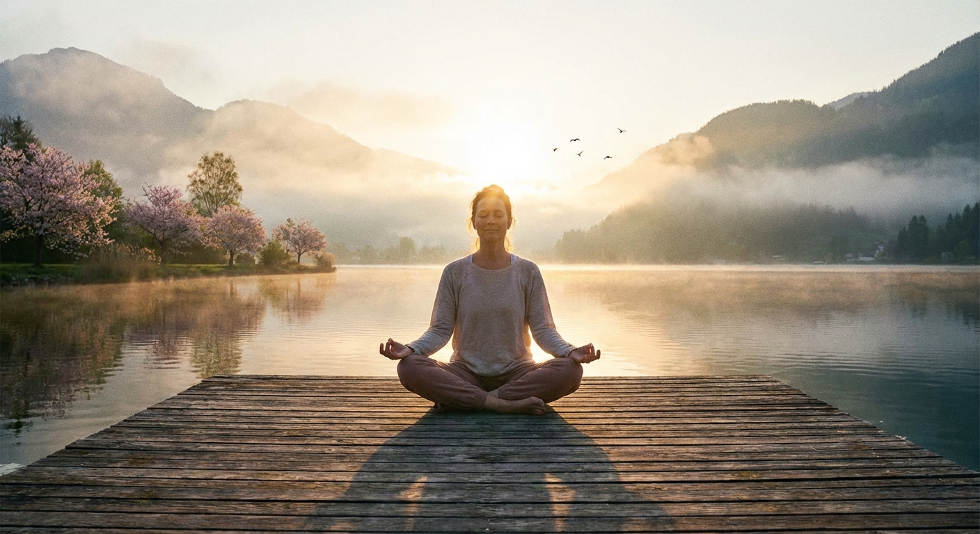 Person practicing yoga meditation for anxiety relief in a peaceful natural setting