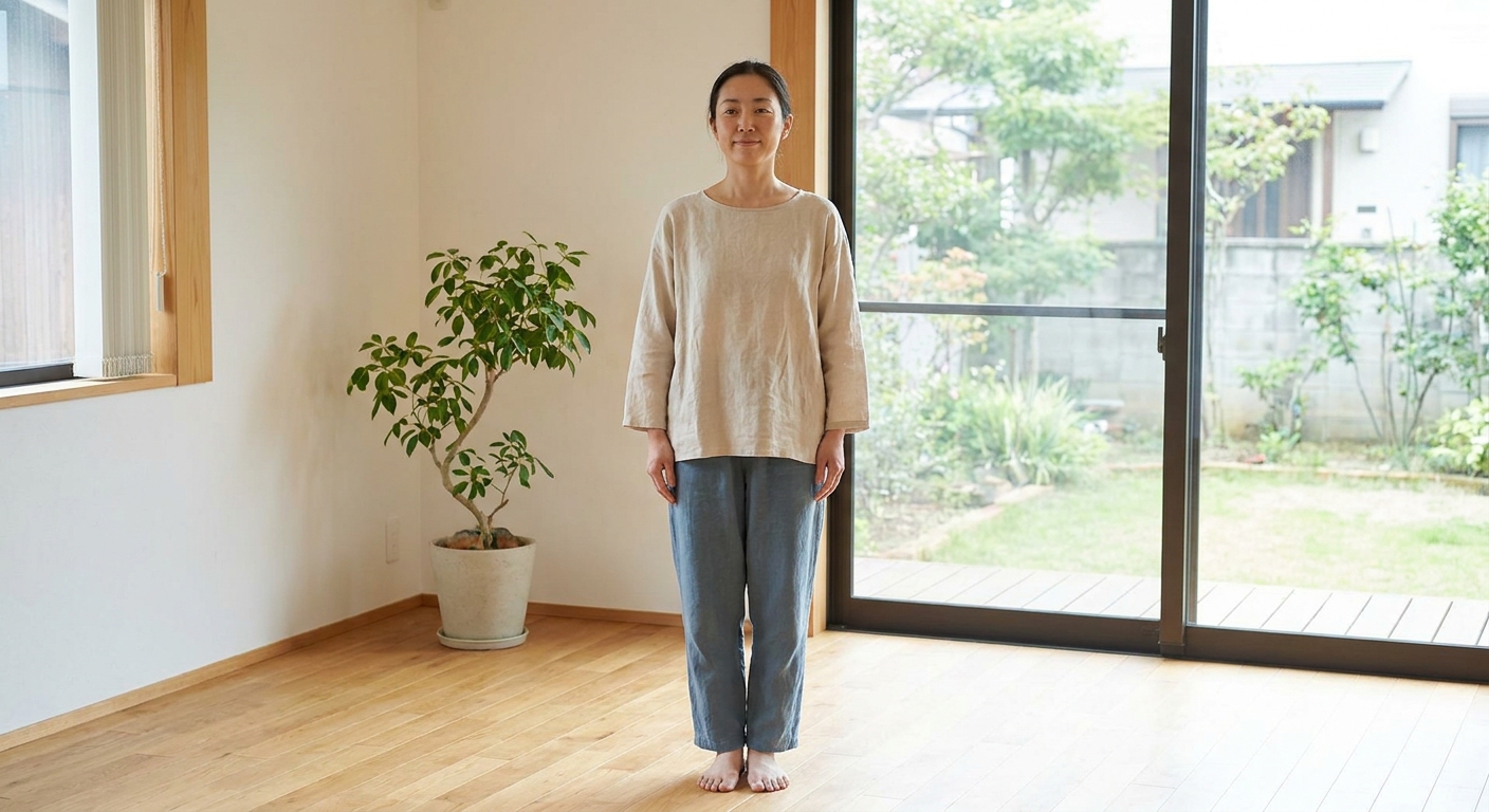 Woman practicing yoga for beginners in mountain pose on a mat in bright room