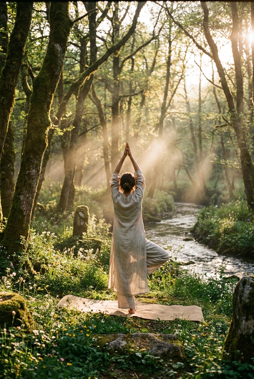 Woman practicing yoga for beginners in peaceful home setting