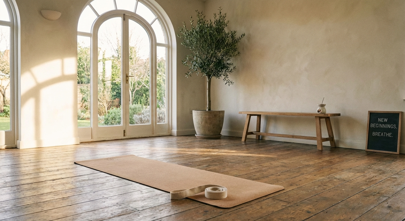 Woman practicing yoga for beginners on a mat in a bright room