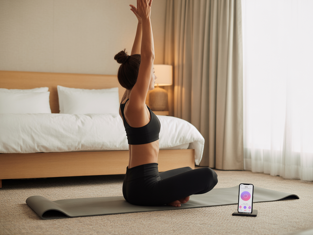 Woman doing yoga in a hotel room using the Vitalizen app for her travel wellness routine.
