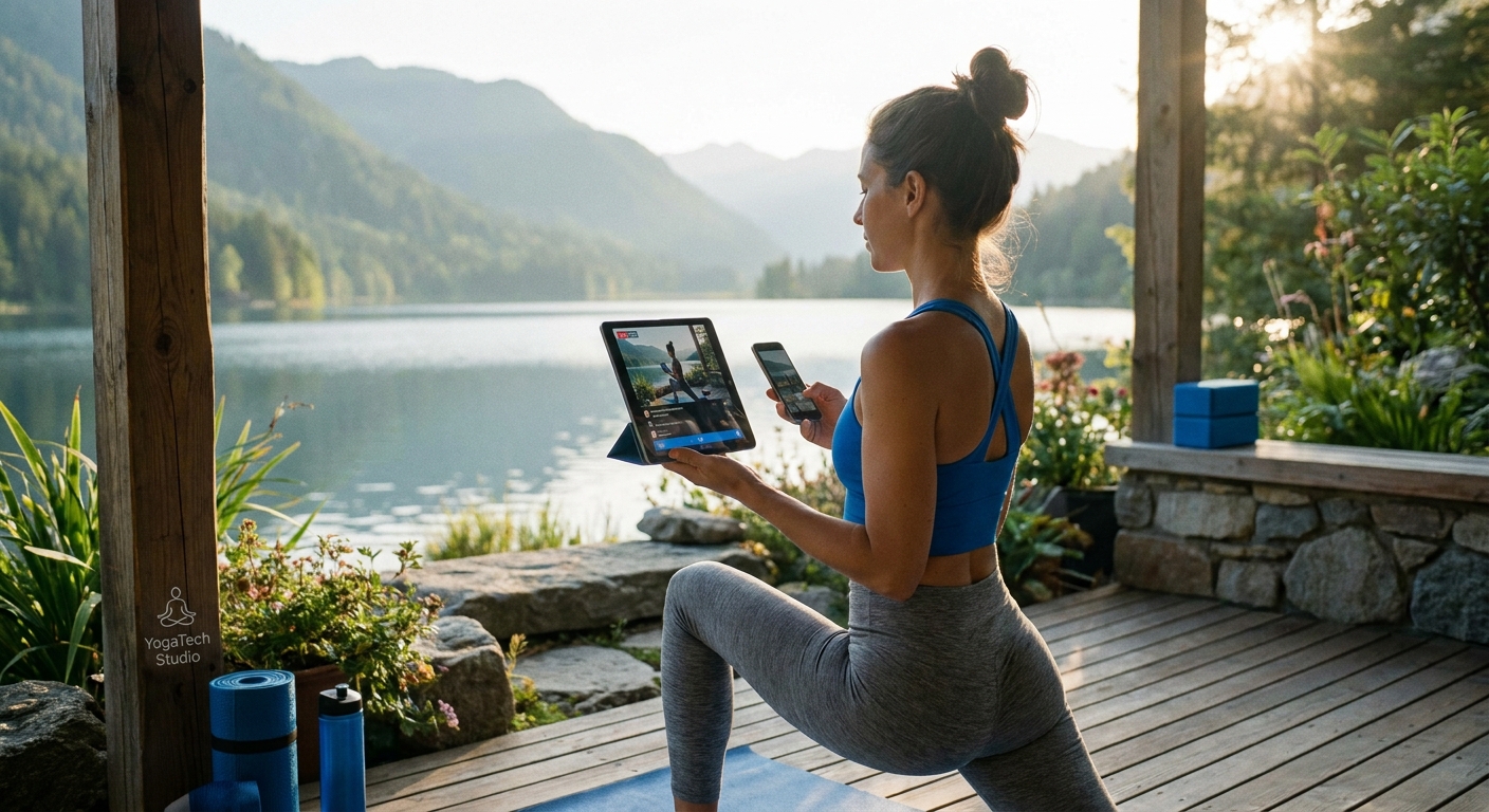 Instrutora de yoga usando tablet para gerenciar sua plataforma de yoga online profissional