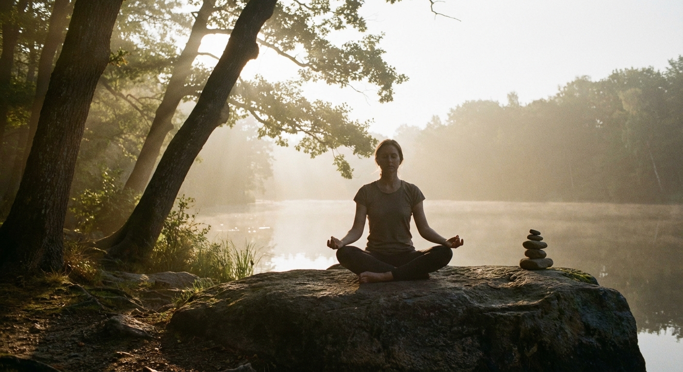 Woman practicing yoga for anxiety relief in peaceful meditation pose using Vitalizen App guidance