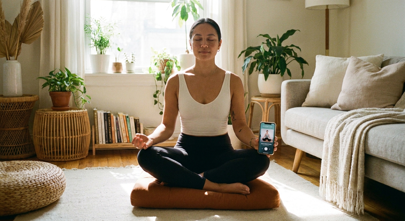 Mulher praticando yoga e meditação em ambiente tranquilo