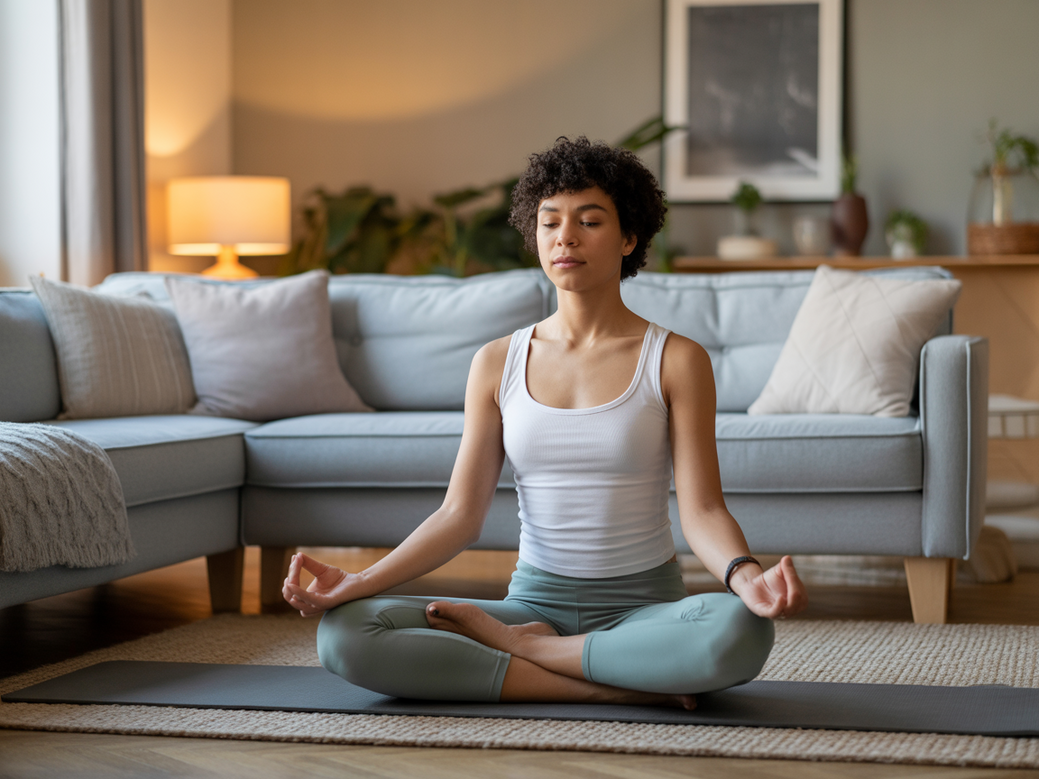 A person meditating in their living room, starting their yoga and meditation journey at home in 2025.