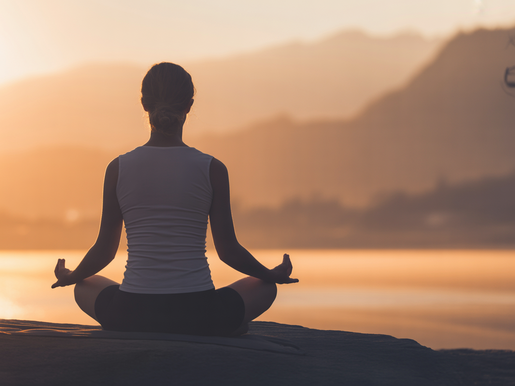 A person practicing yoga and meditation in a serene environment.