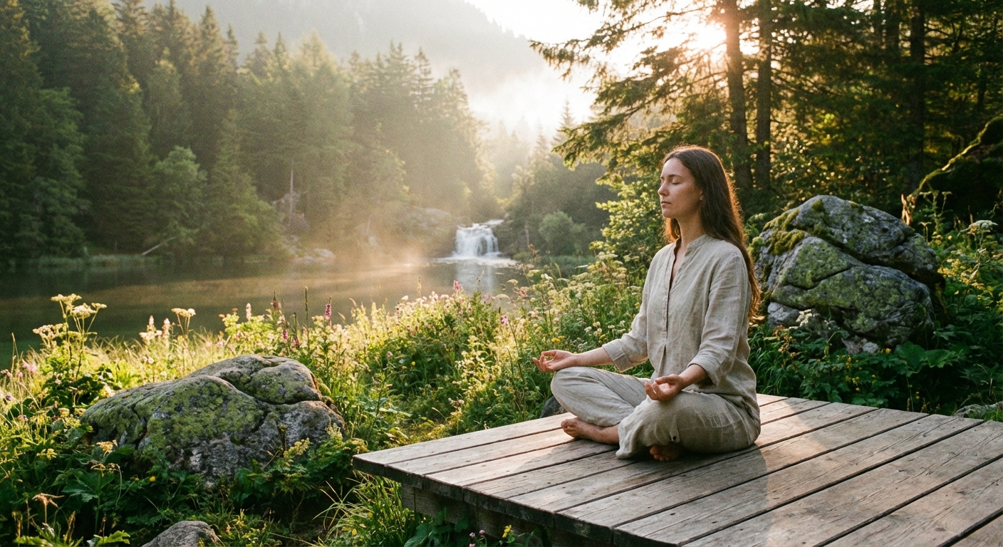 Beginner practicing yoga and meditation at home on a mat in a peaceful setting
