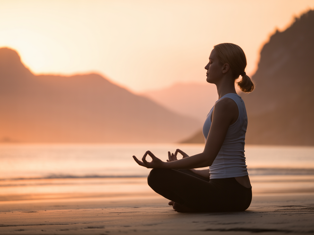 A woman starting her 2025 journey with beginner yoga and meditation in a peaceful, sunlit room.