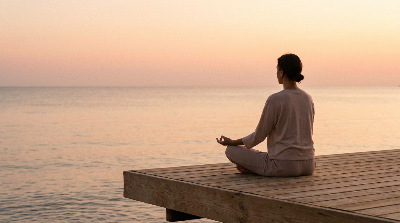 Person practicing yoga and meditation at sunrise for stress relief and mindfulness