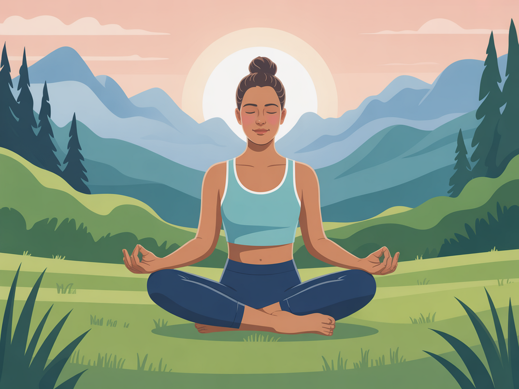 A person practices yoga and meditation outdoors at sunrise, symbolizing a stress-free life and relief from anxiety.