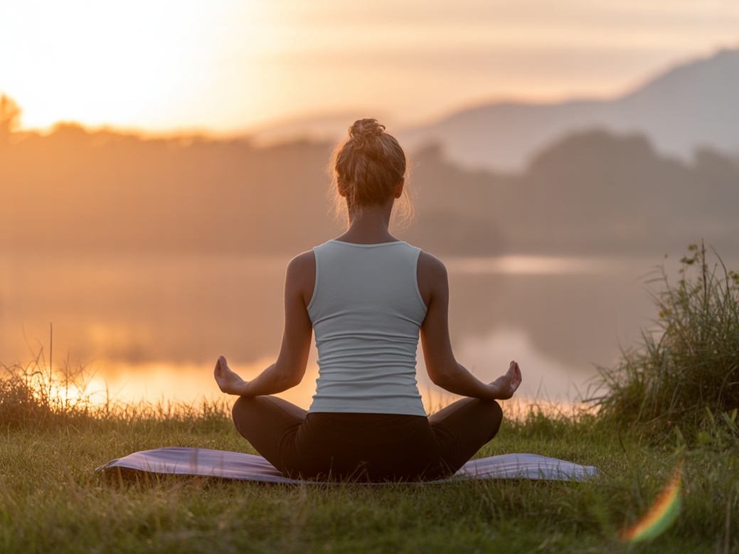 Mulher praticando Yoga Holística em uma pose de meditação ao nascer do sol, simbolizando o equilíbrio mente-corpo.