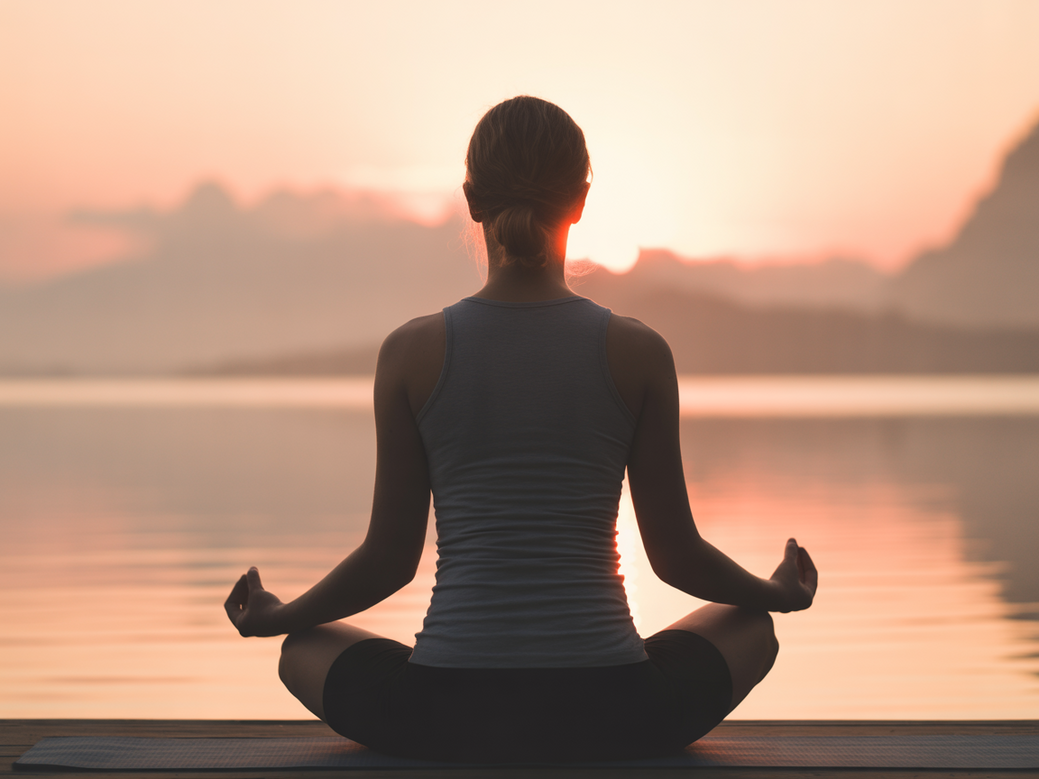 Person meditating at sunrise, symbolizing mental clarity from yoga and meditation.