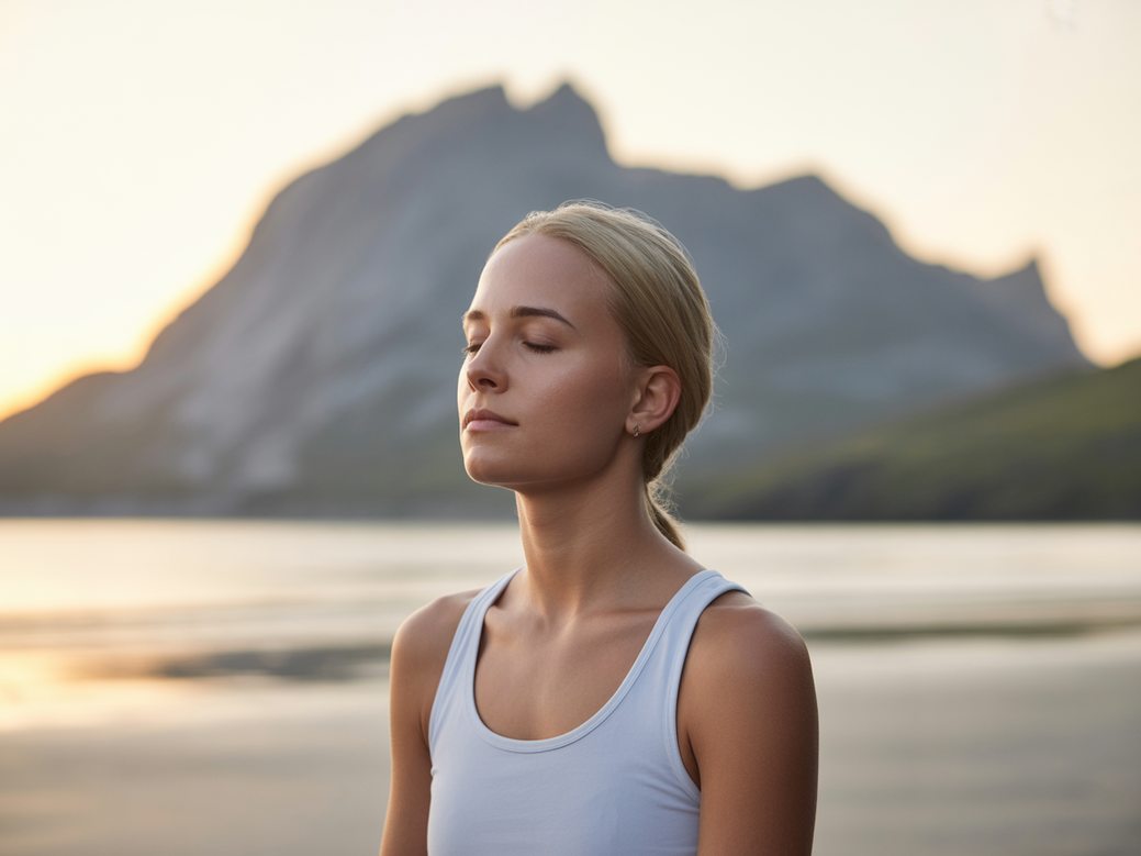 Woman practicing yoga and meditation in a serene outdoor setting, embodying a healthier life.