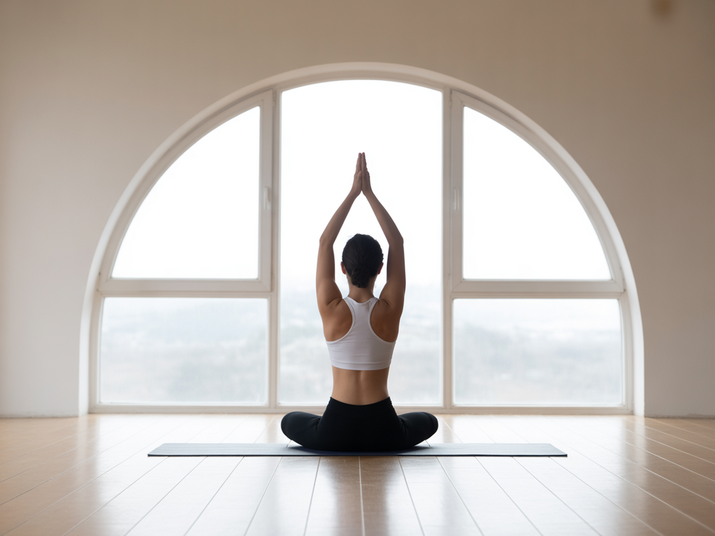 A person practicing yoga for beginners in a bright, minimalist room.