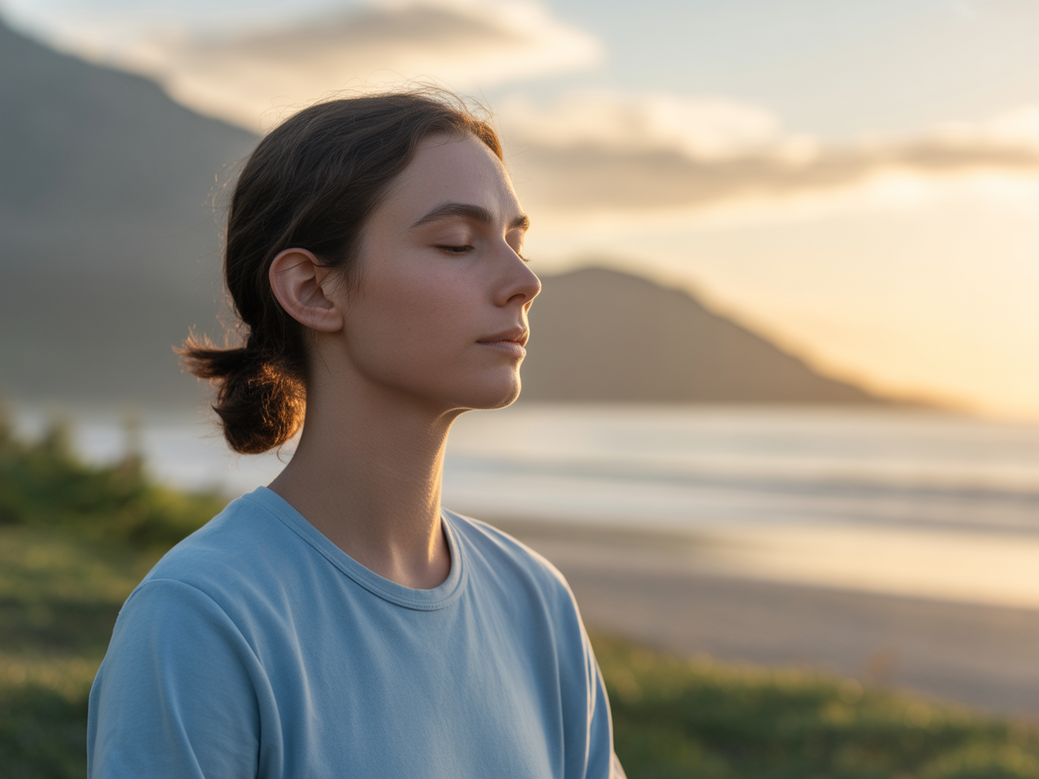 A serene person practicing meditation and yoga for stress relief, representing the peace found through Vitalizen App.