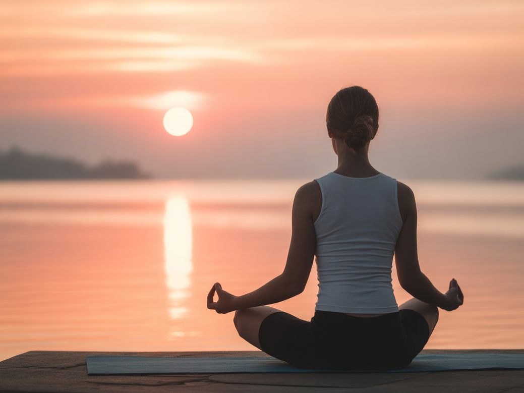 A person practicing yoga and meditation at sunrise, symbolizing the peace and well-being achieved.