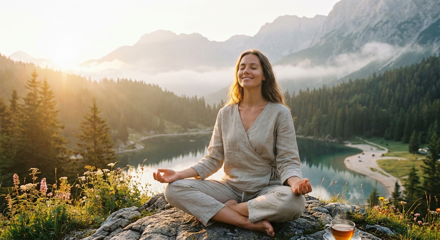 Person practicing yoga and meditation outdoors in serene natural setting for mental wellness