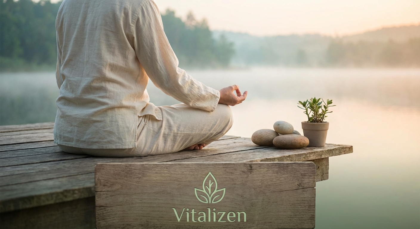 Person practicing yoga and meditation poses using Vitalizen App at home