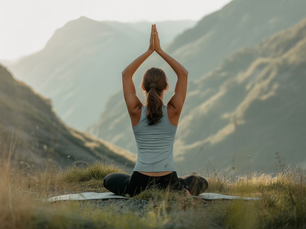 A person practicing yoga and meditation in a serene, natural setting, representing the well-being offered by the Vitalizen App.