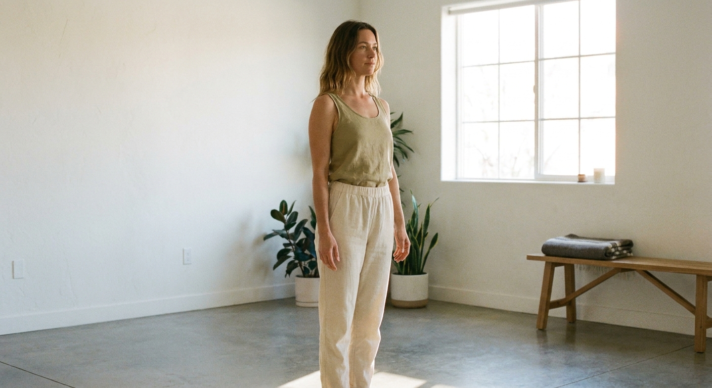 Woman demonstrating Mountain Pose Tadasana for beginner yoga practice